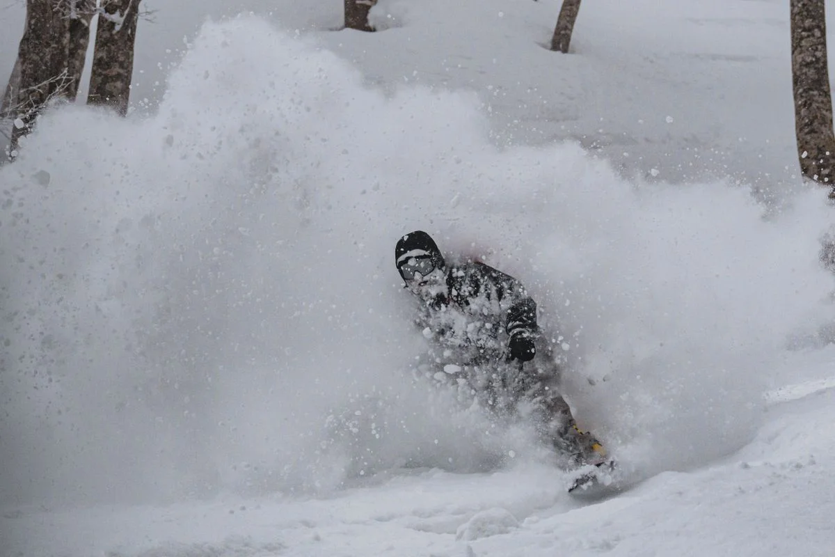 A snowboarder carves through fresh powder snow in a forest setting, creating an exhilarating scene.